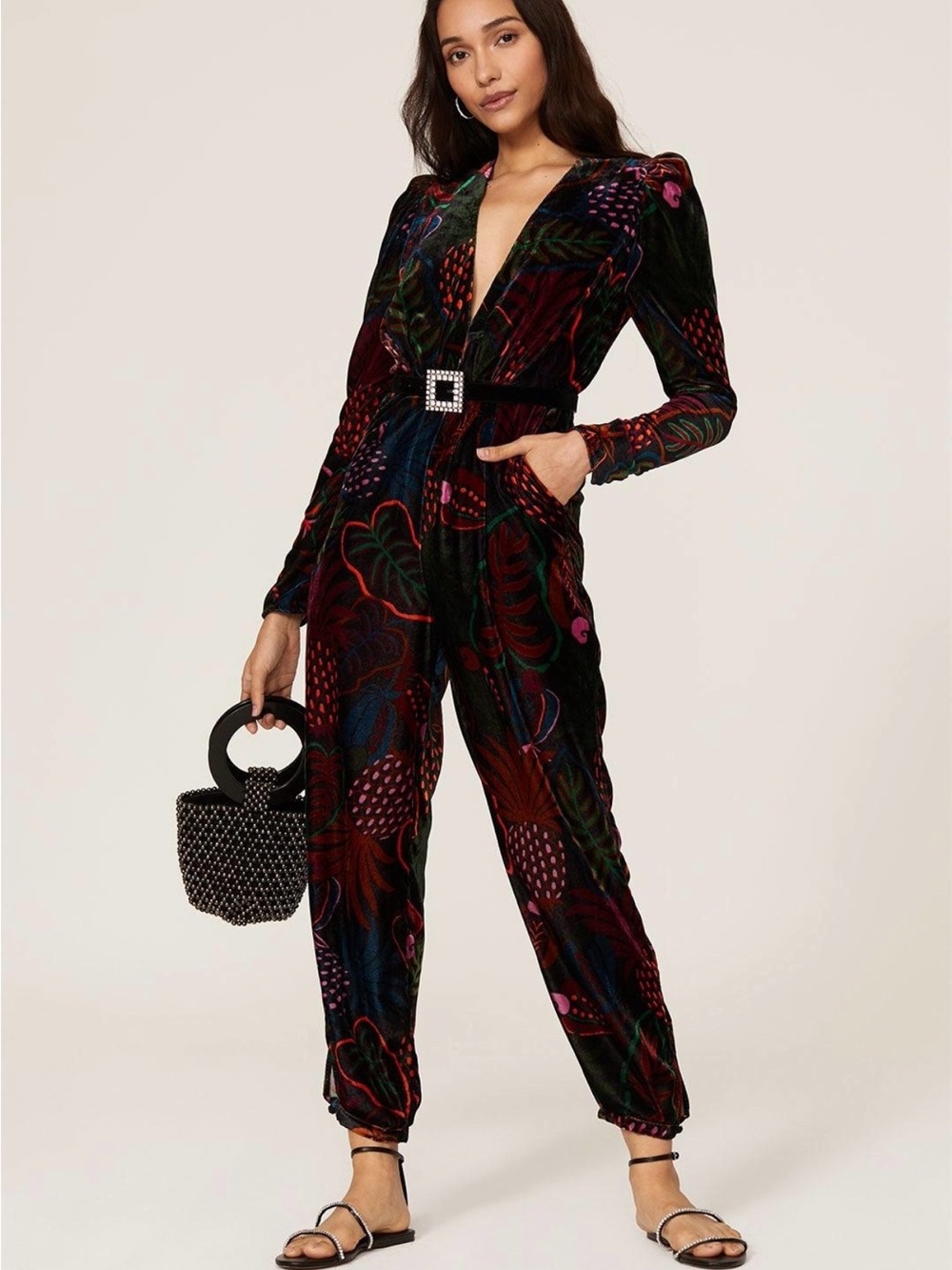 Velvet Floral Print Jumpsuit with Rhinestone Belt